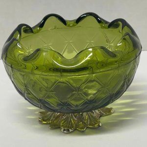 Vintage 6" Indiana Glass Green Duette Quilted Diamond Bowl With Metal Leaf Base